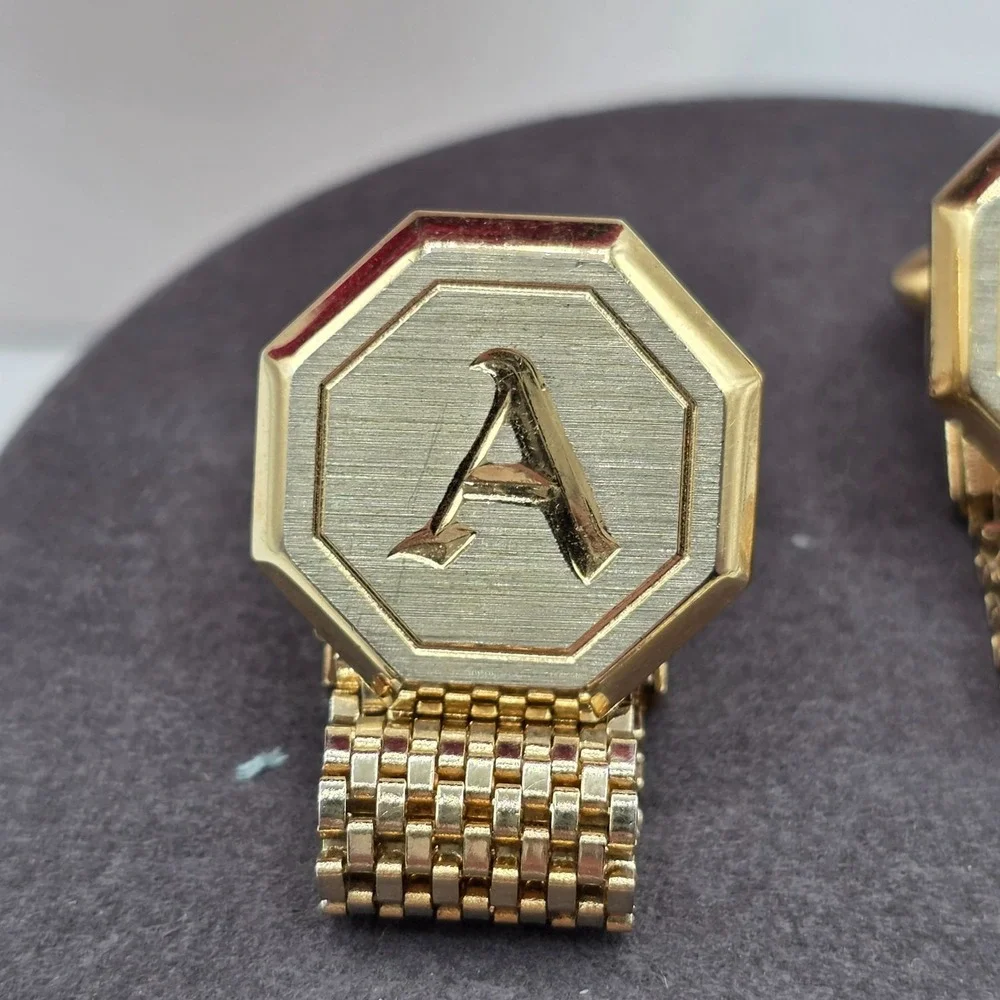 Gold Tone Octagon Letter A Cufflinks‎ Mesh Band Chain Link Formal Wear Monogram